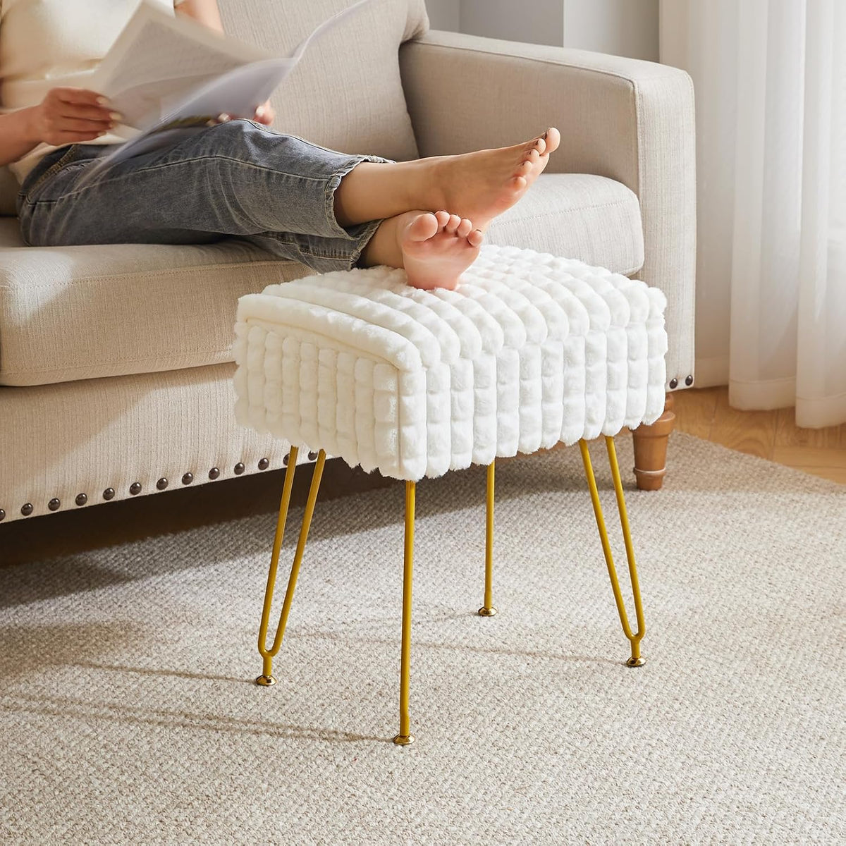 IBUYKE Rectangle Vanity Chair Ottoman, Footrest Stool, White WBD004W