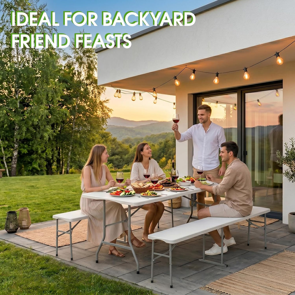 Folding Table Picnic Table Set with 2 Benches, 6 ft Camping Table Chair Set