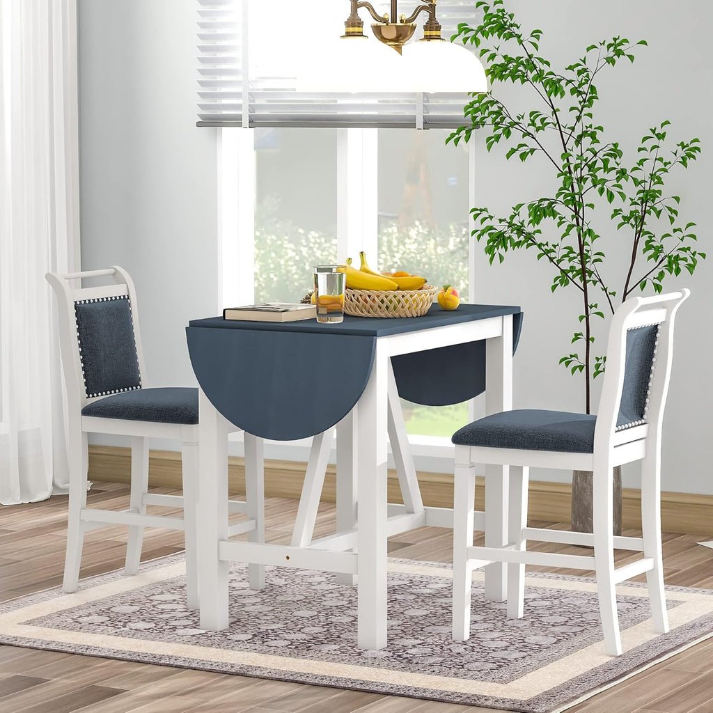 Farmhouse 3-Piece Counter Height Dining Table Set, Half-Round Drop Leaf Dining Table with 2 Upholstered Dining Chairs, Heavy Solid Wood Breakfast Kitchen Dining Room Set for Small Space (White-3PCS)