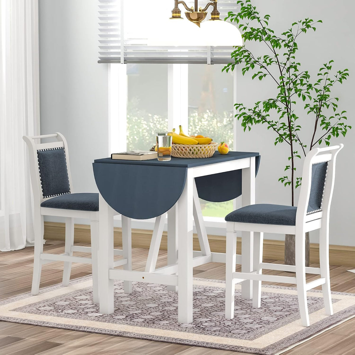 Farmhouse 3-Piece Counter Height Dining Table Set, Half-Round Drop Leaf Dining Table with 2 Upholstered Dining Chairs, Heavy Solid Wood Breakfast Kitchen Dining Room Set for Small Space (White-3PCS)
