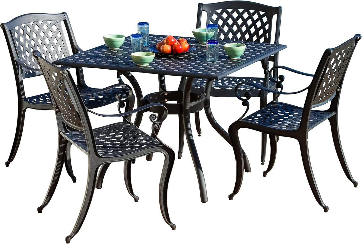 Christopher Knight Home Hallandale Cast Aluminum Outdoor Dining Set, 5-Pcs Set, Black Sand