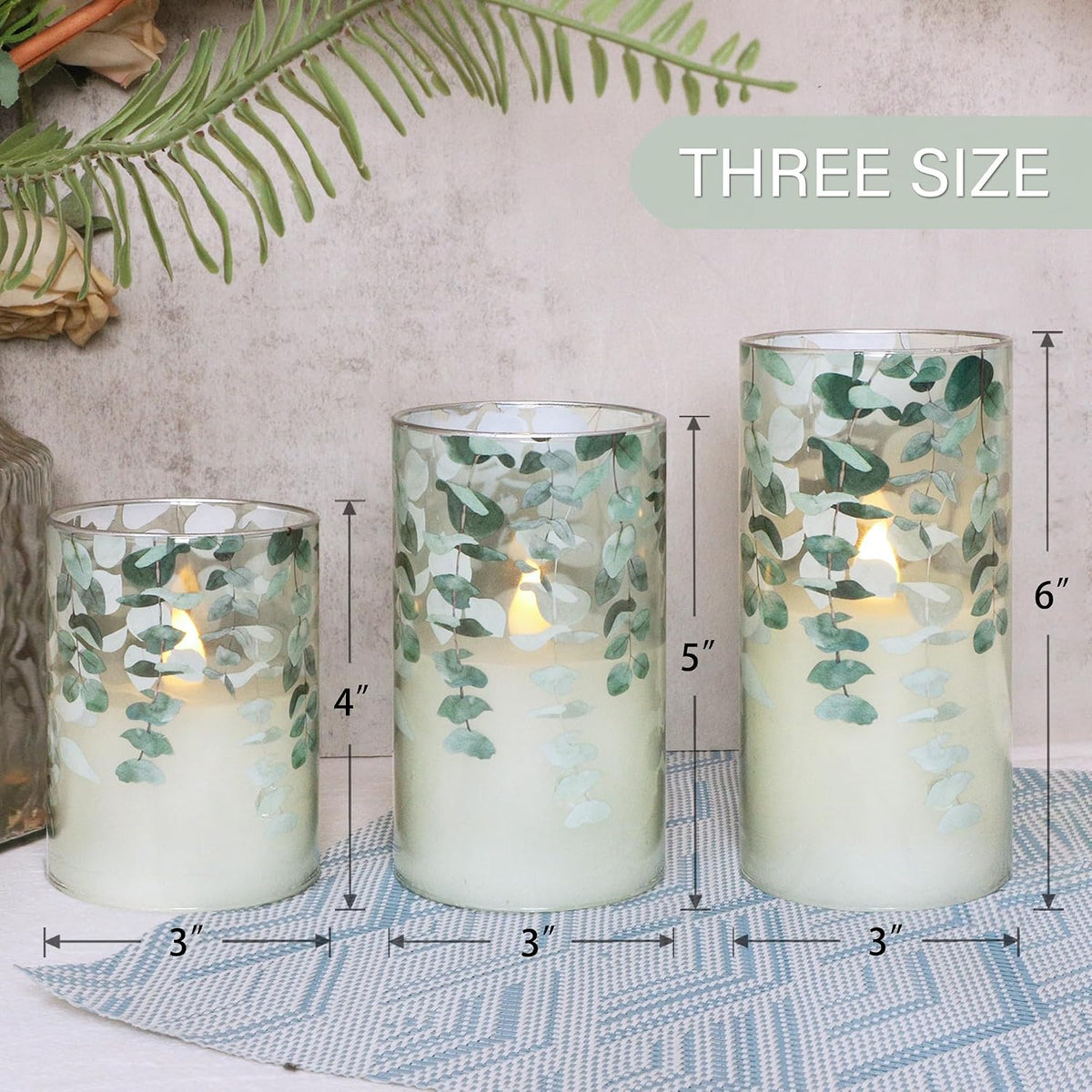 Green Glass Flameless Candles Remote Timer Eucalyptus Leaves Greenery Design Battery Operated Flicker Pillar Candle for Wedding Centerpiece Spring Easter Farmhouse Home Decoration, Set of 3