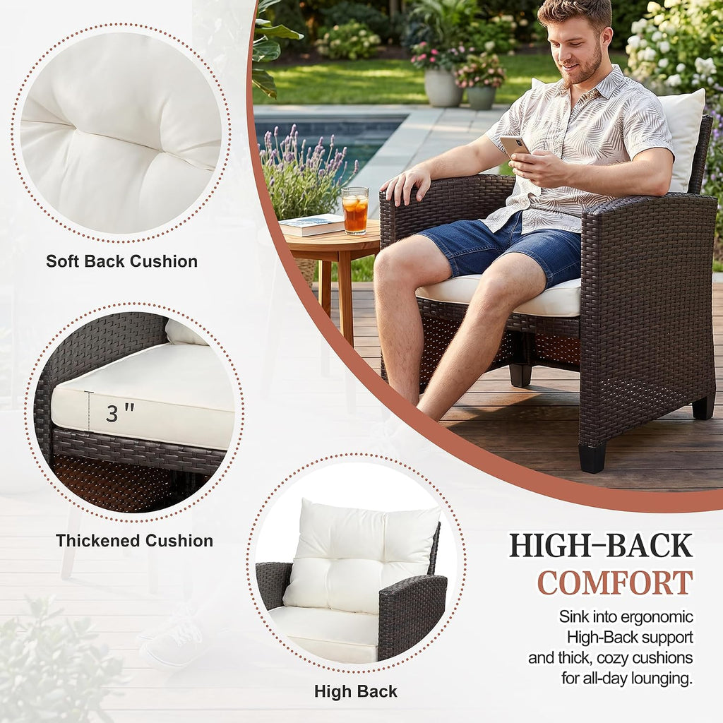Vongrasig Patio Chair with Ottoman, 5 Pieces Patio Furniture Set Small Balcony Furniture, Rattan Patio Chairs Set of 2 with Glass Table for Front Porch Garden (Beige)
