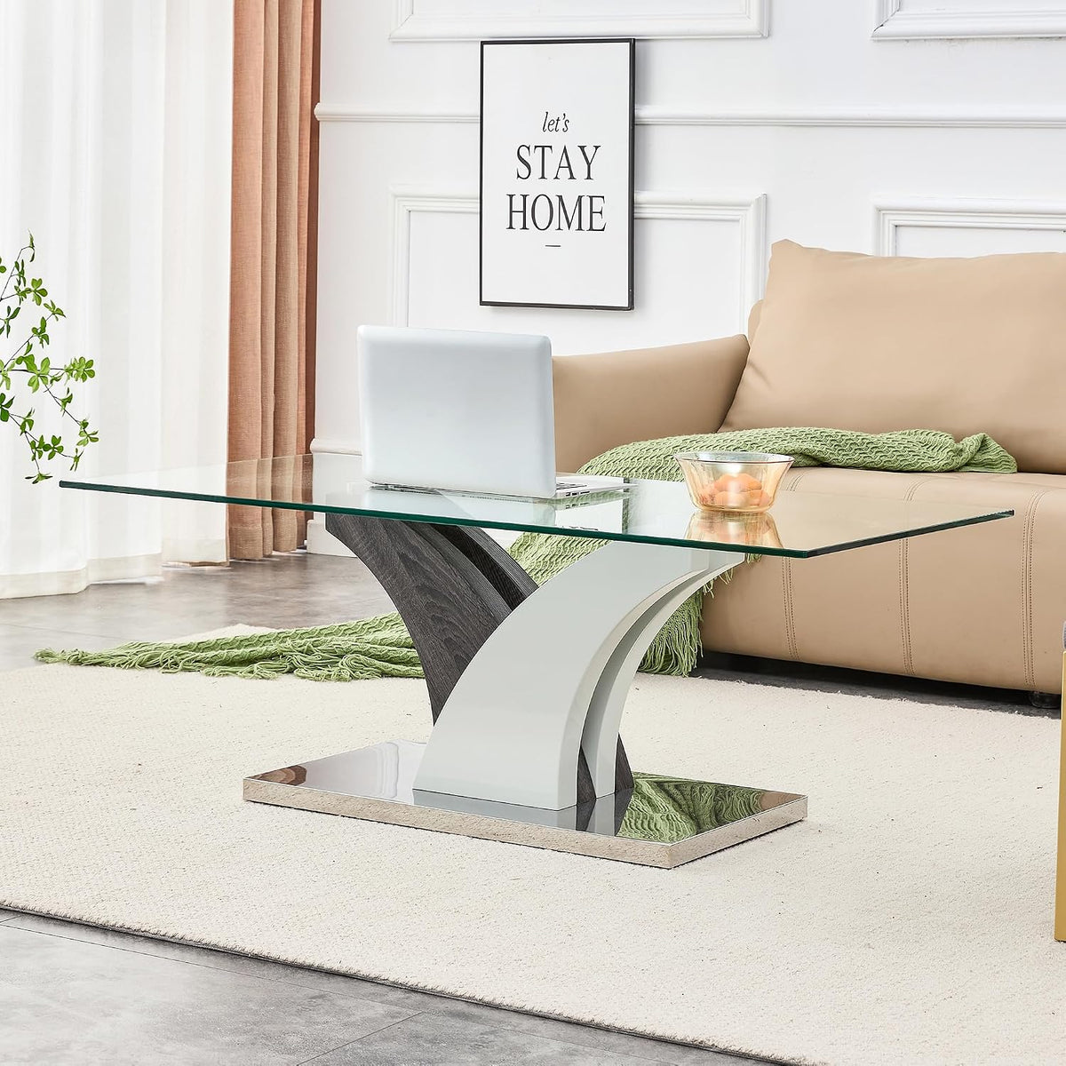 47'' Glass Coffee Table for Living Room,Rectangle Clear Center Table,Modern Glass Sofa Coffee Table with Tempered Glass Top and MDF Thickened Base