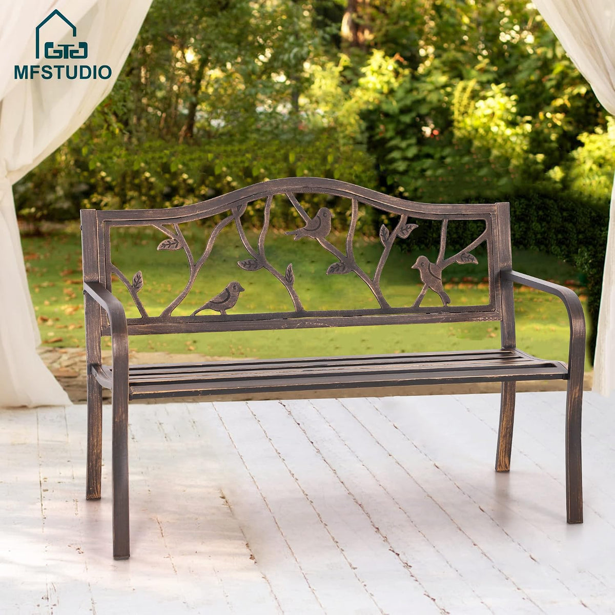 MFSTUDIO 50 Inches Outdoor Garden Bench Cast Iron Metal Bird Pattern Bronze