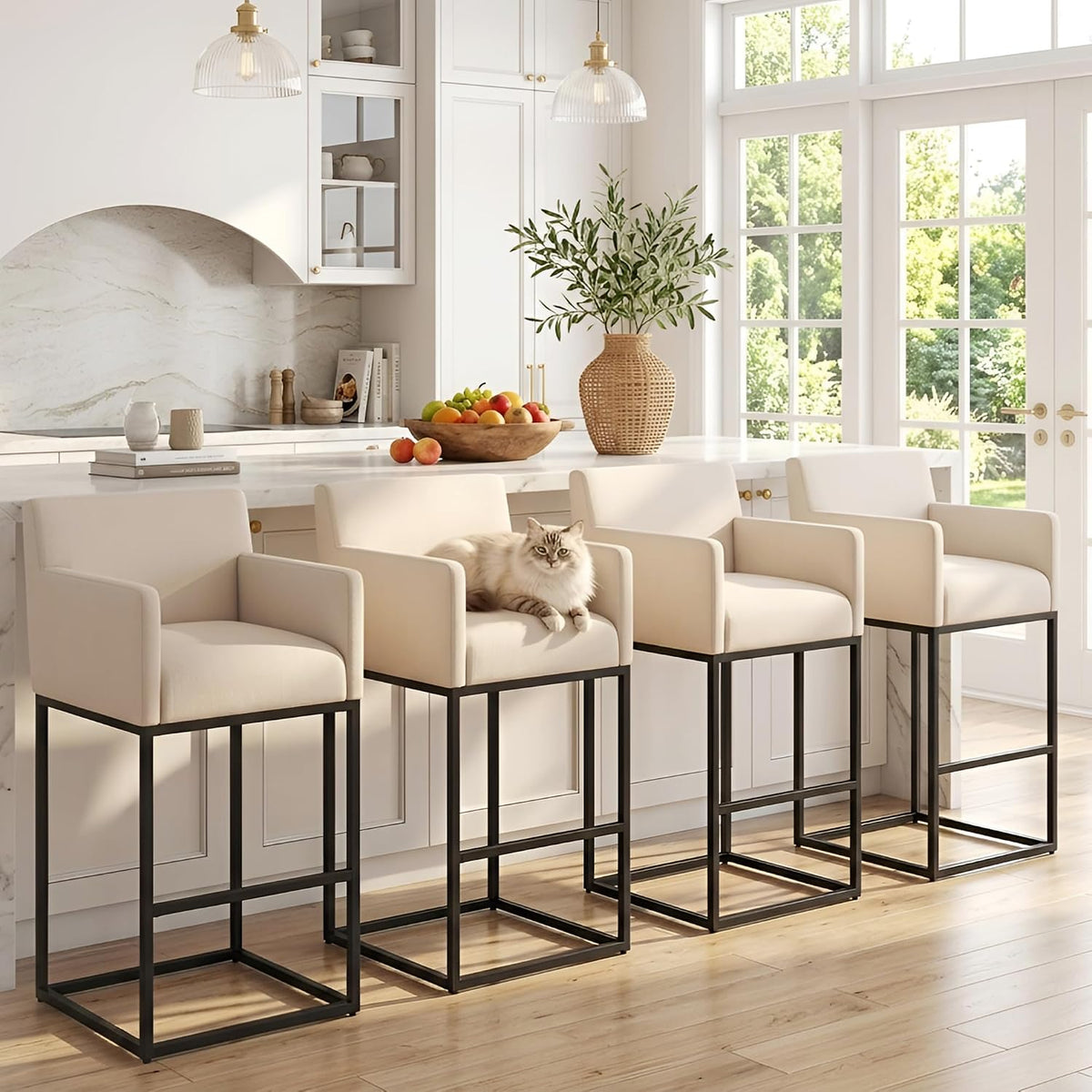 30 Inch Extra Tall Modern Counter Height Bar Stools Set of 4, Cream Linen