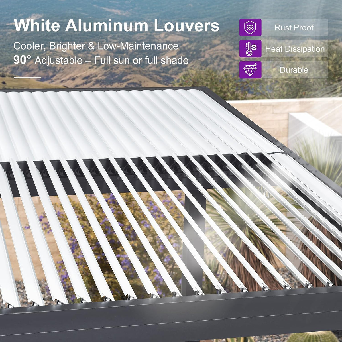 PURPLE LEAF Louvered Pergola 12' x 12' Outdoor Pergola, White Aluminum Roof