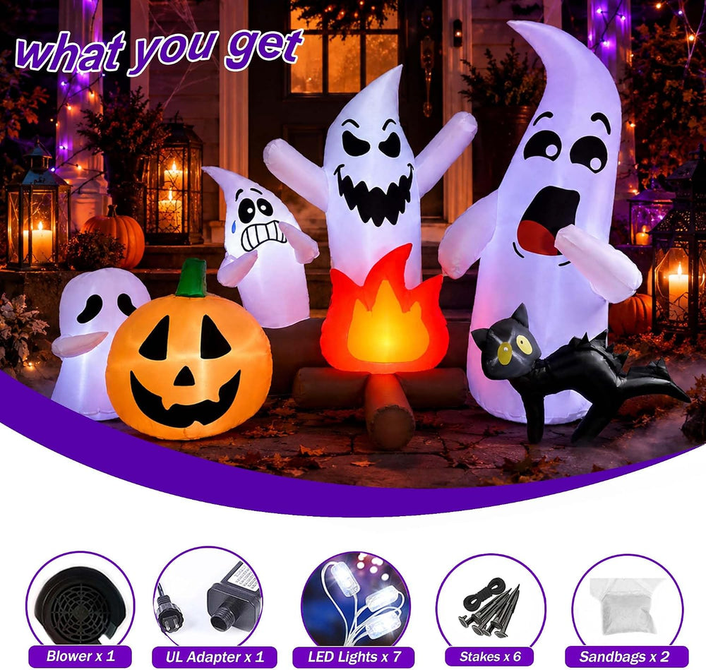 SEASONBLOW 6Ft Long Halloween Inflatable Ghost Campfire Outdoor Decoration