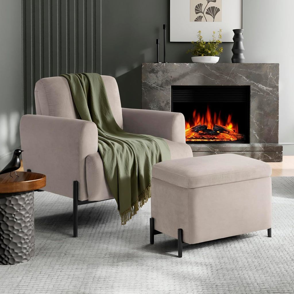 Studio Living® Connor 24" Small Storage Ottoman, Modern Boho, Matte Black Metal Legs, Velvet Fabric, Taupe