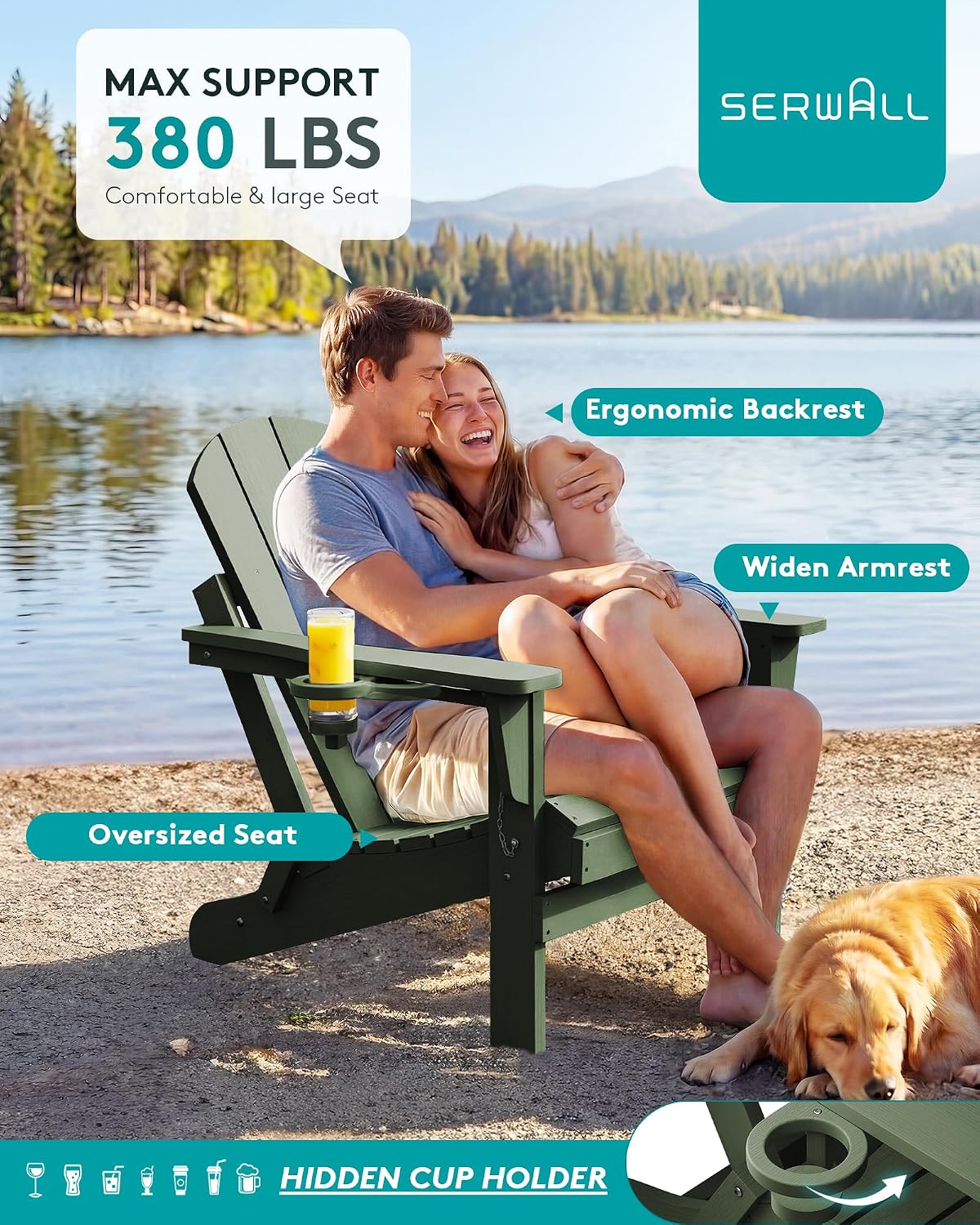 SERWALL Folding Adirondack Chairs Set of 4,Patio Chair with Cup Holder-Army