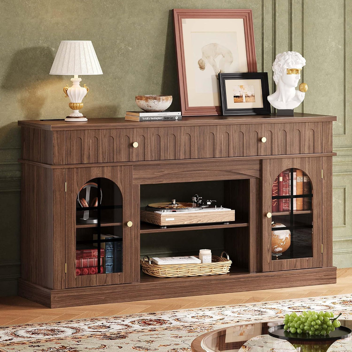 IRONCK TV Stand for 65 Inch TV with Charging Station, Walnut Brown