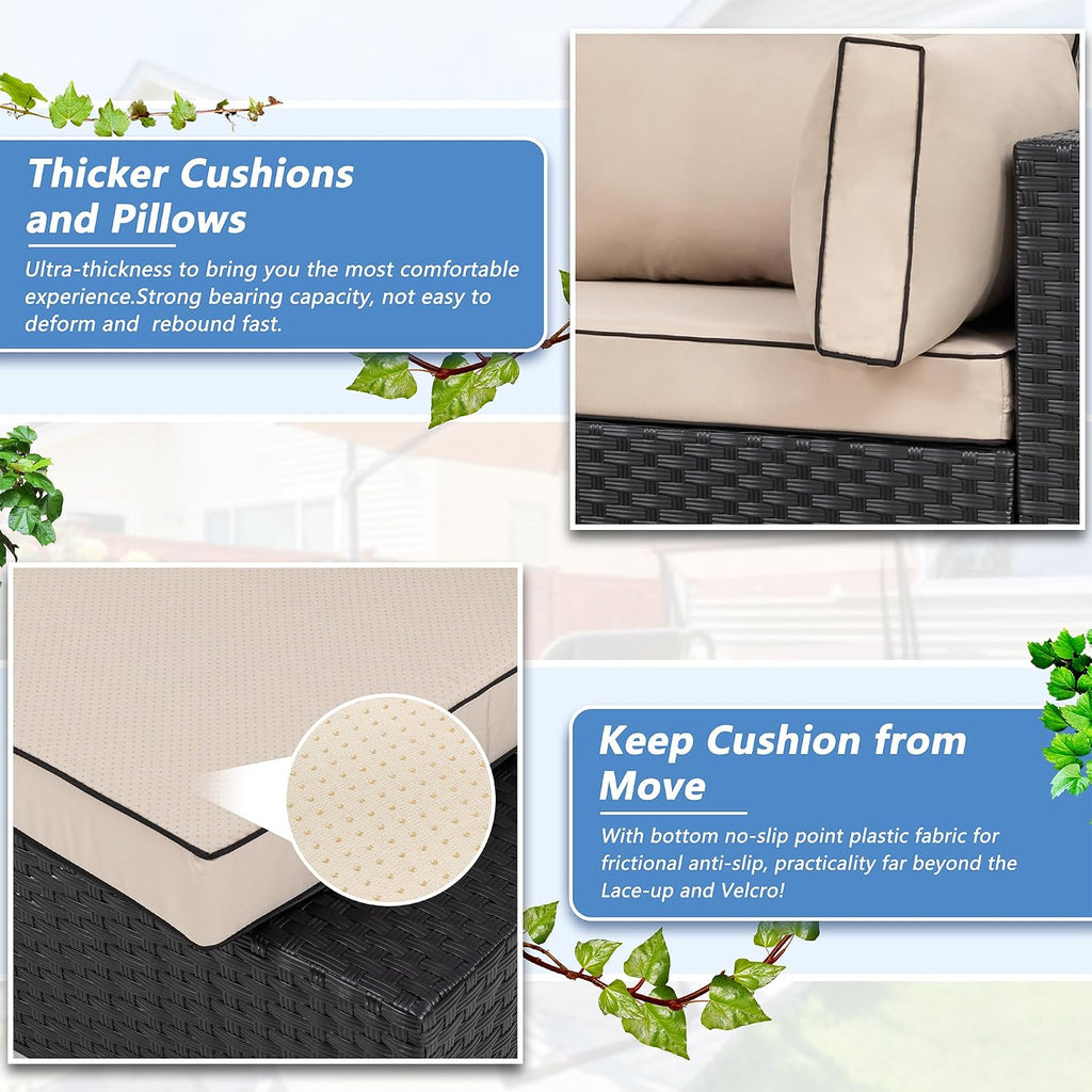 Shintenchi 5 Piece Outdoor Patio Furniture Set with Black PE Rattan, Khaki