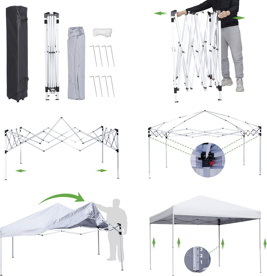 10 x 10 FT Pop Up Canopy Tent - Instant Outdoor Canopy with Wheeled Carry Bag, 4 Ropes, Straight Legs, Stakes,Height Adjustable Outdoor Tent Sun Protection Beach Shelter, White