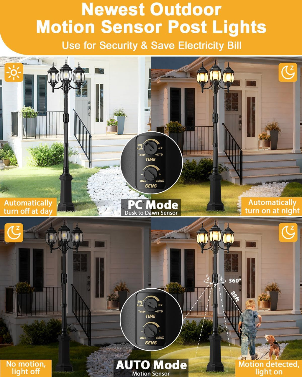 Redluck Motion Sensor Outdoor Post Lights, 3-Head Dusk to Dawn Lamp Post