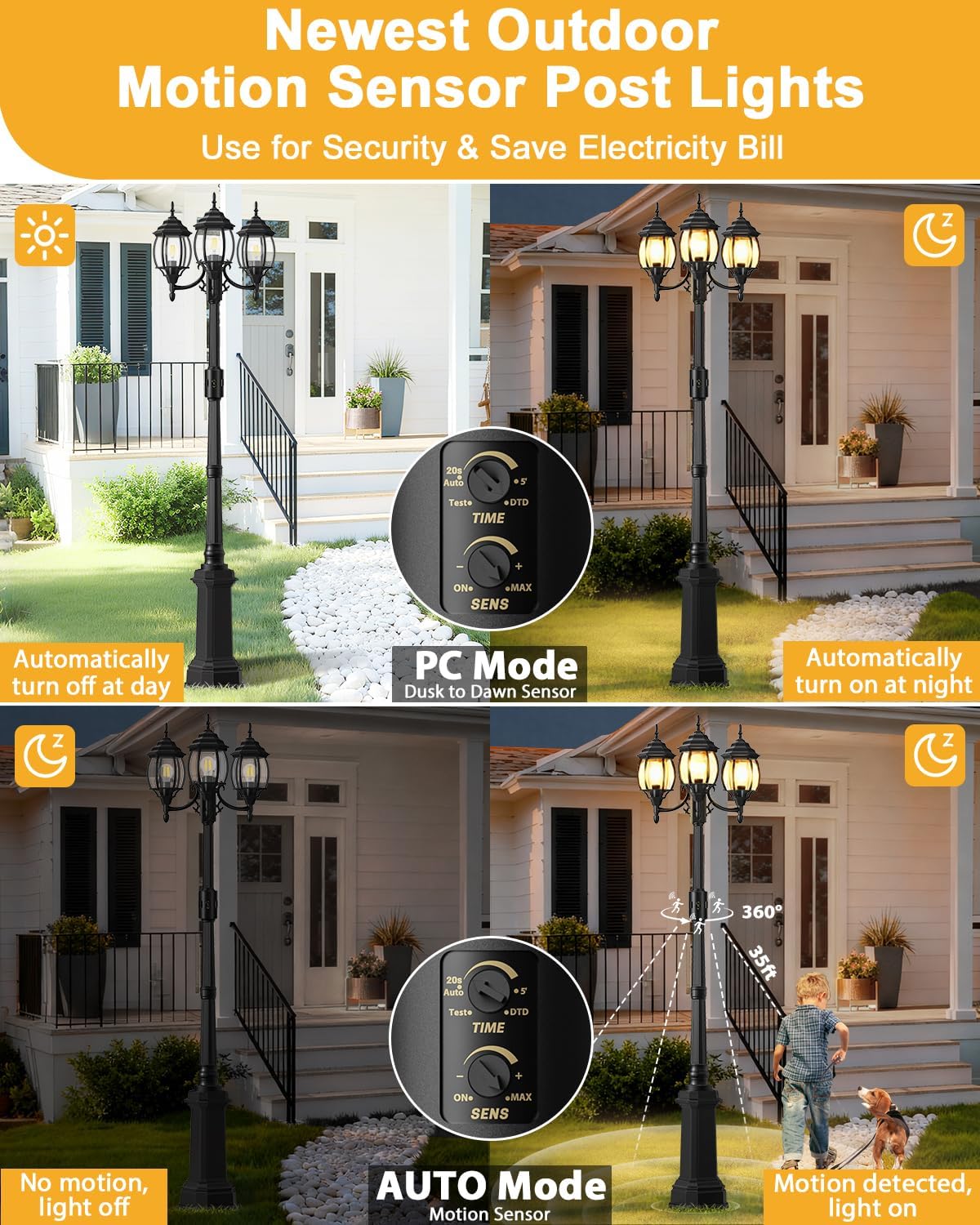 Redluck Motion Sensor Outdoor Post Lights, 3-Head Dusk to Dawn Lamp Post