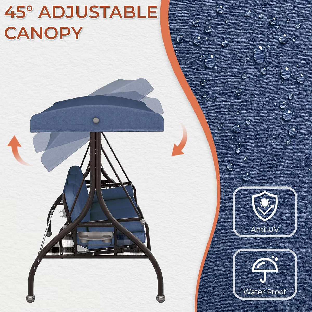 TLSUNNY Outdoor Porch Swing with Adjustable Canopy & 2 Pillows, 800 lbs