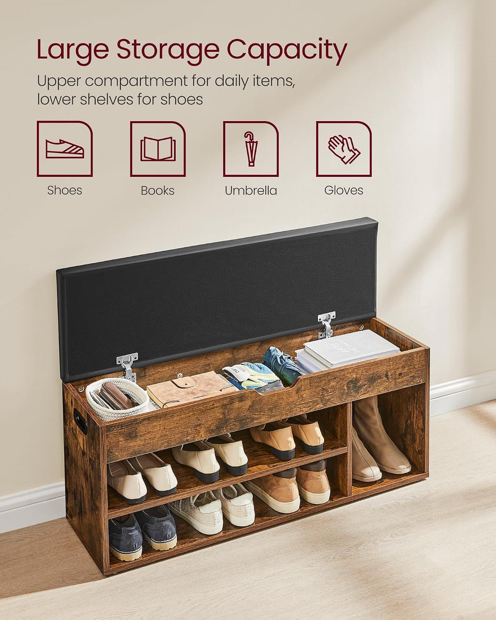VASAGLE Storage Bench with Cushion, Shoe Bench, 11.8 x 39.4 x 17.3 Inches