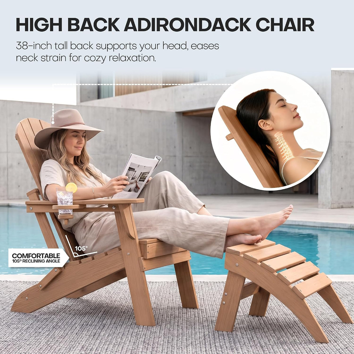 HDPE Folding Adirondack Chair with Cup Holder, Cedar