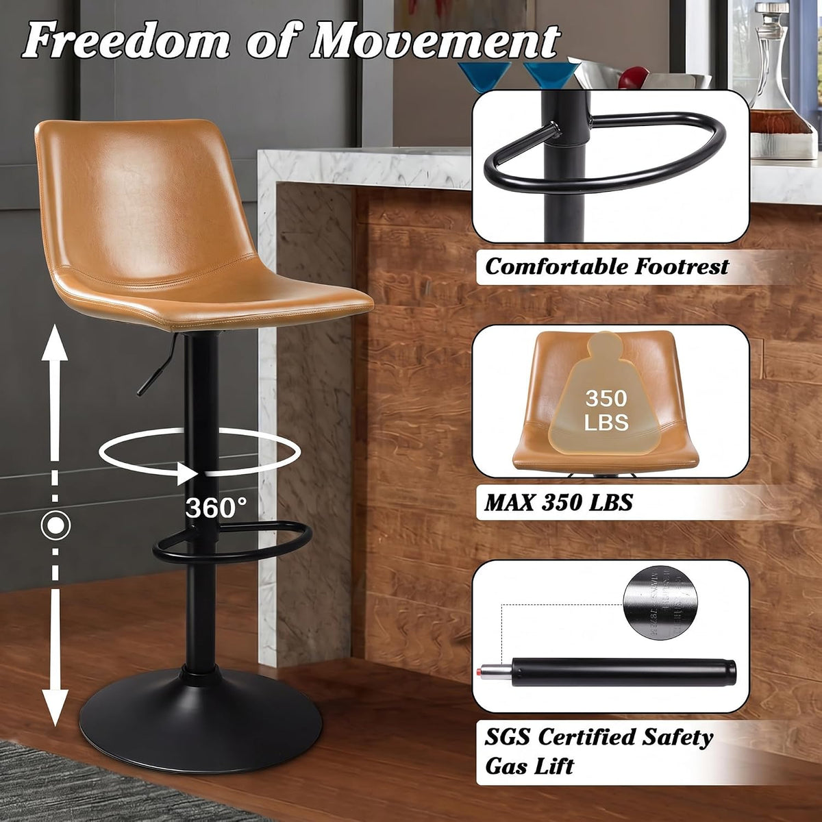 Waleaf Adjustable Bar Stools Set of 4, Modern Faux Leather Swivel Barstools