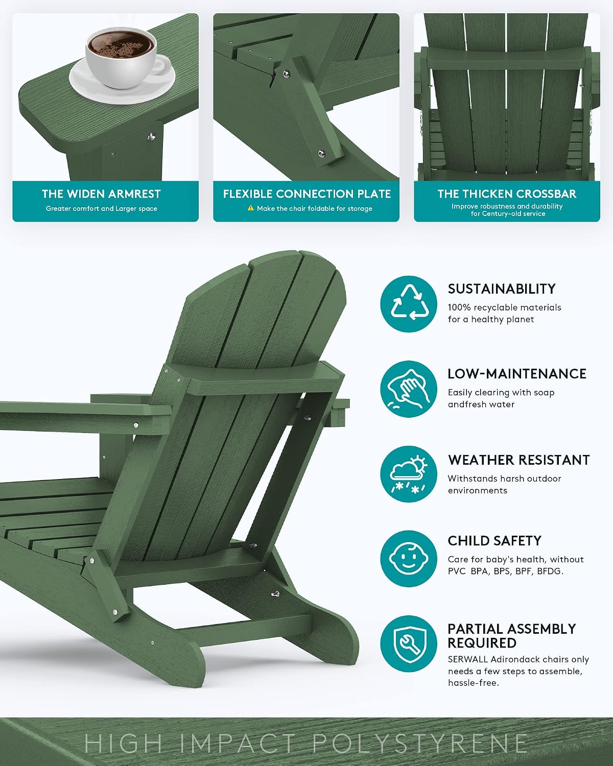 SERWALL Folding Adirondack Chairs Set of 4,Patio Chair with Cup Holder-Army