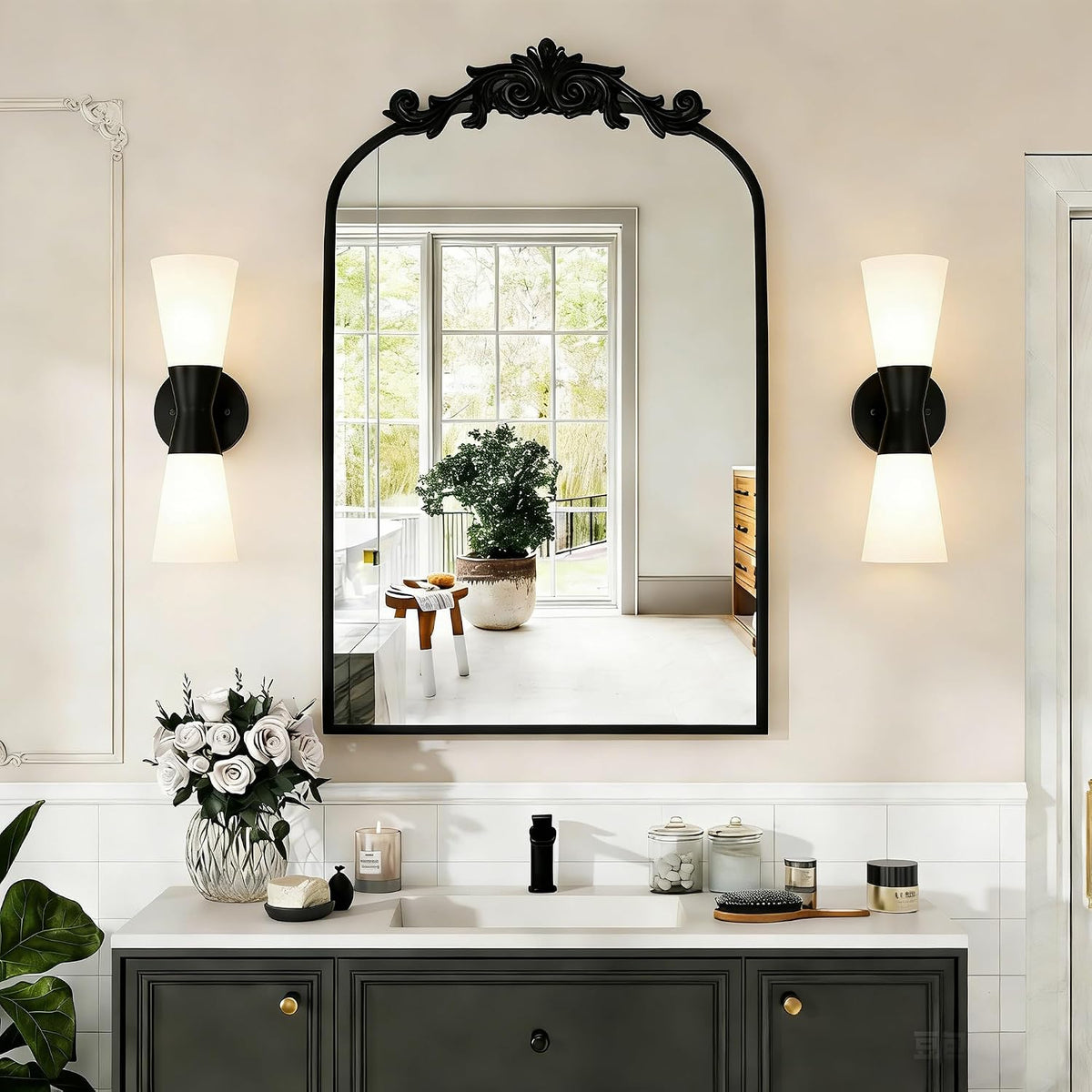 Wall Sconces Set of 2 for Bathroom, Modern Indoor Vanity Light Fixtures 15", Up Down Lighting, Wall Mount Lamp for Living Room Bedroom Hallway Stairway Fireplace Mirror E26 Base 2PC White&Black