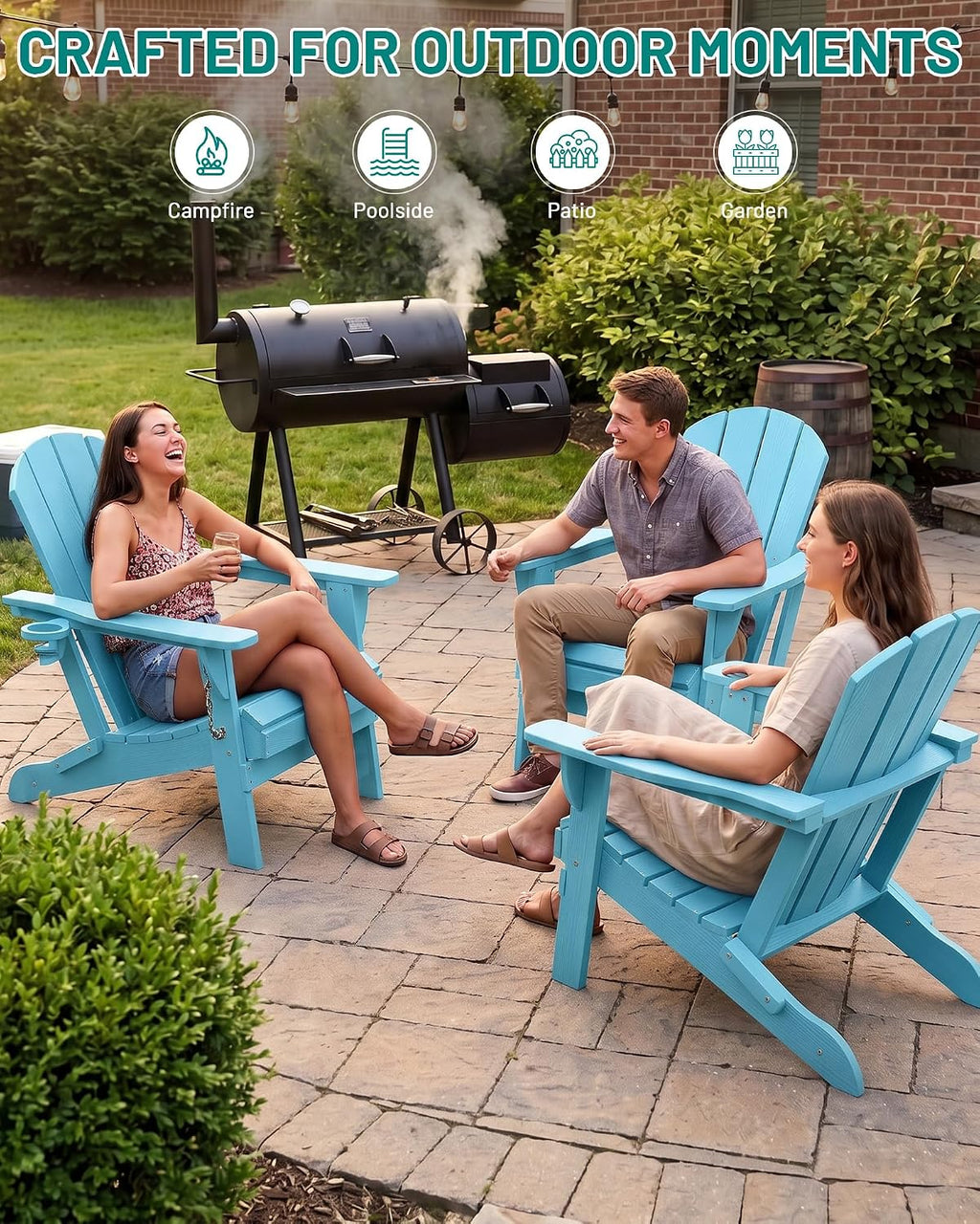 PLUUV Folding Adirondack Chair, HDPE Fire Pit Chair with Cup Holder, Aruba