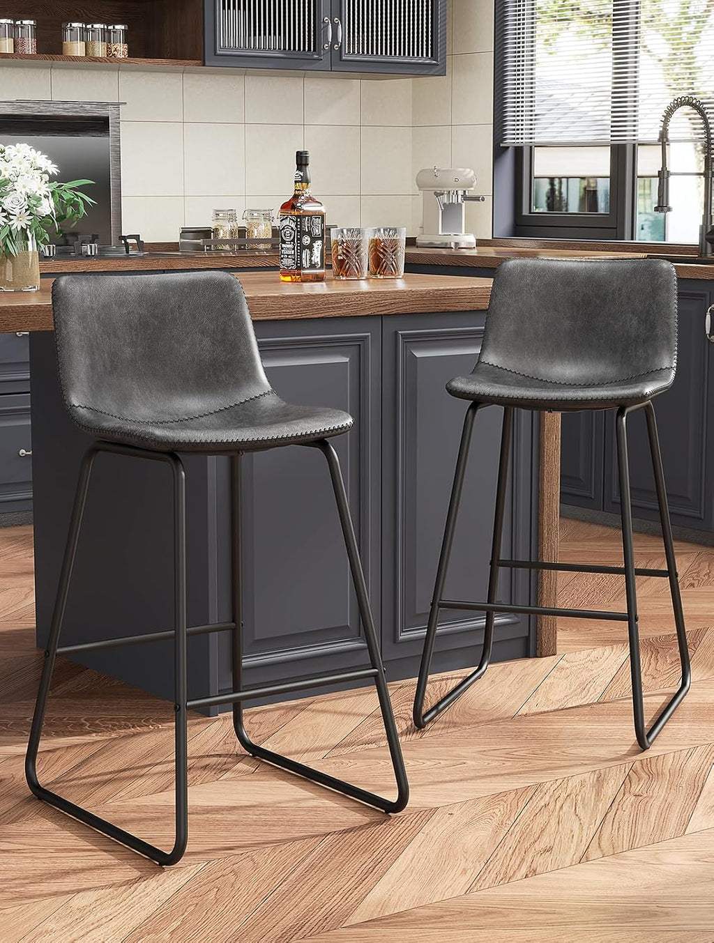 REONEY Bar Stools Set of 2, 26" Urban Faux Leather Counter Stools, Grey