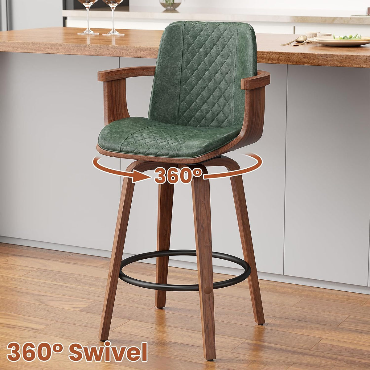 YaFiti Bar Stools Set of 2, 26" Bentwood Counter Stools with Arms, Green