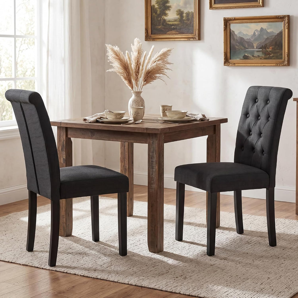 LSSBOUGHT Set of 4 Modern Tufted Dining Chairs, Button Padded Fabric Chairs with Solid Wood Legs, Upholstered Armless Dining Side Chairs for Home Dining Room(Charcoal,No Table)