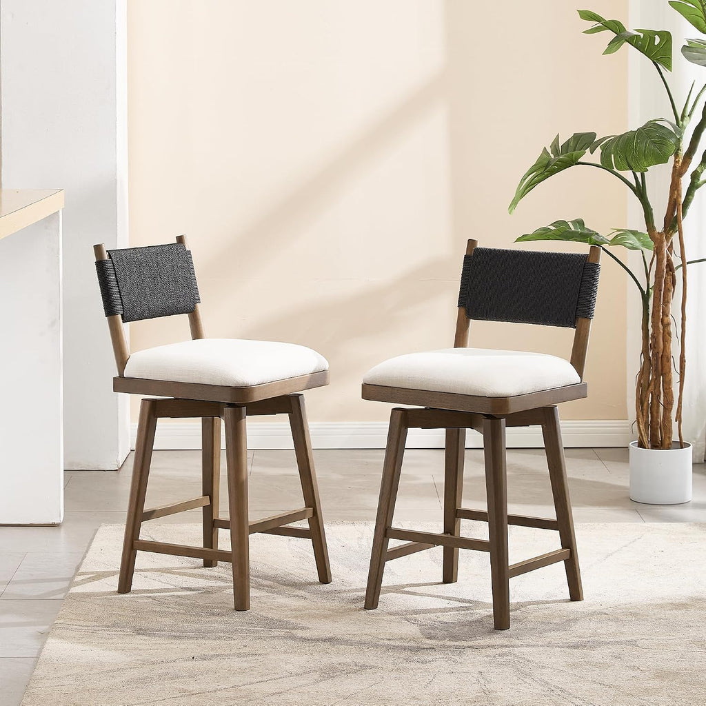 Swivel Counter Stools Set of 4, Linen Fabric Upholstered Kitchen Stool Chairs with Woven Rope Back and Solid Wood Legs, Rustic Armless Barstools 26" for Patio/Balcony, Black Rope