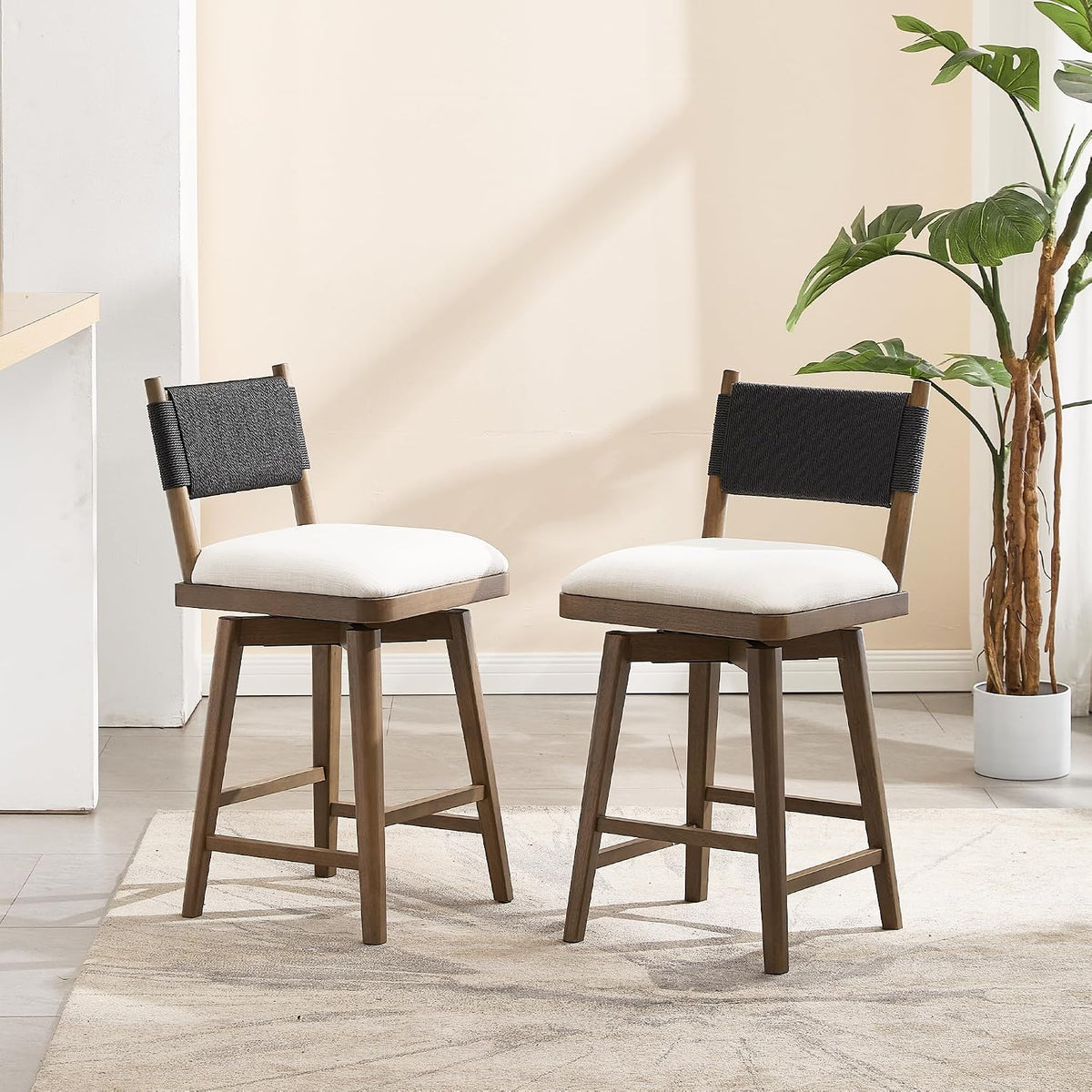 Swivel Counter Stools Set of 4, Linen Fabric Upholstered Kitchen Stool Chairs with Woven Rope Back and Solid Wood Legs, Rustic Armless Barstools 26" for Patio/Balcony, Black Rope