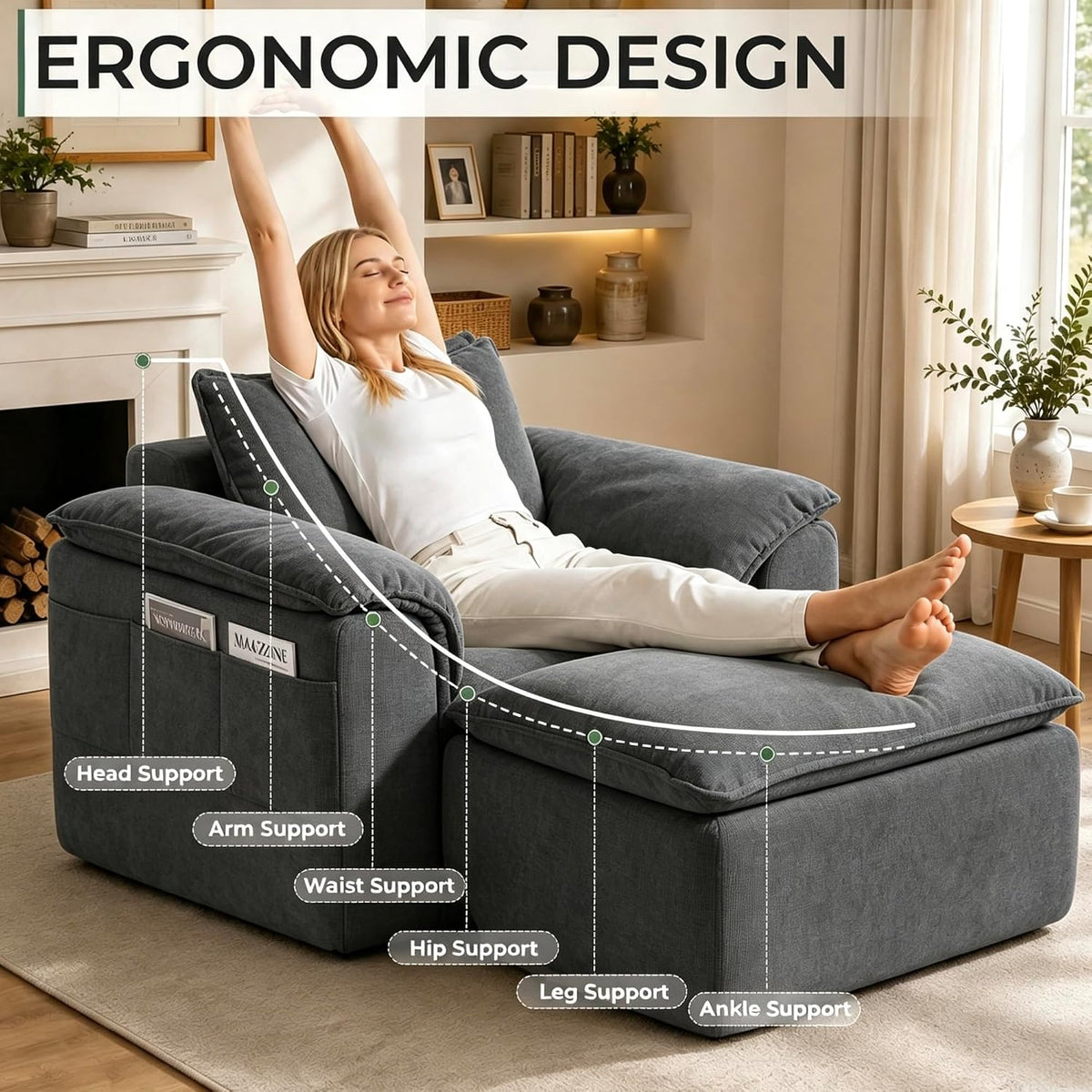 57" Oversized Chair with Ottoman, Deep Seat Chaise Lounge Chair Indoor
