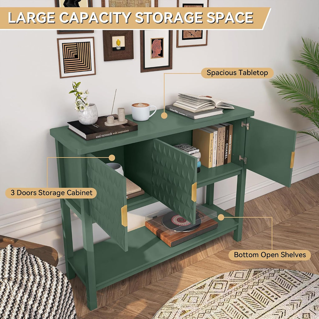 42” Modern Console Table with 3 Diamond Doors & Shelf for Entryway, Green