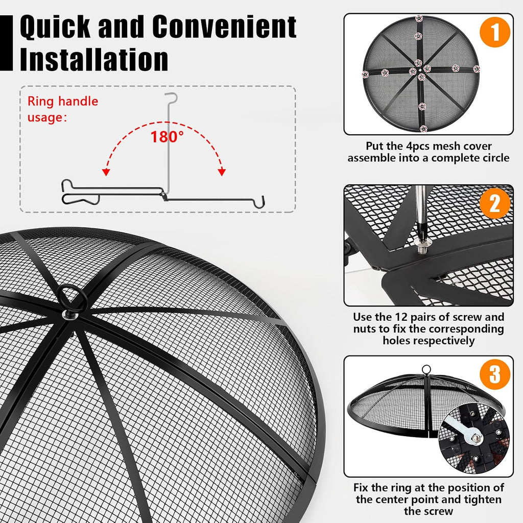 Fire Pit Spark Screen, Fire Pit Screen 24 Inch Round with Handle & Poker