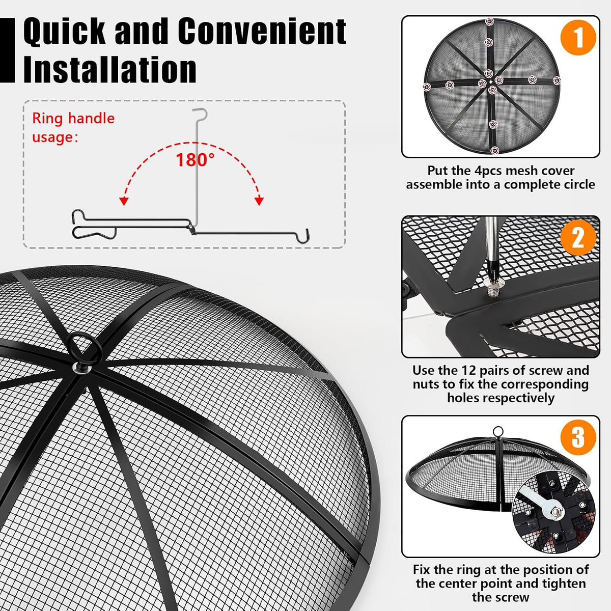 Fire Pit Spark Screen, Fire Pit Screen 24 Inch Round with Handle & Poker