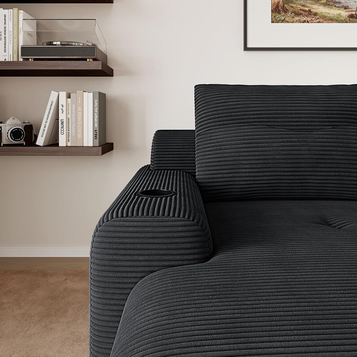 69” Oversized Chaise Lounge Chair Indoor, Soft Boneless Chaise Lounge Reading Chairs with 4 Side Pockets and 2 Cup Holders, Comfy Corduroy Sleeper Sofa Bed for Living Room Bedroom, Black