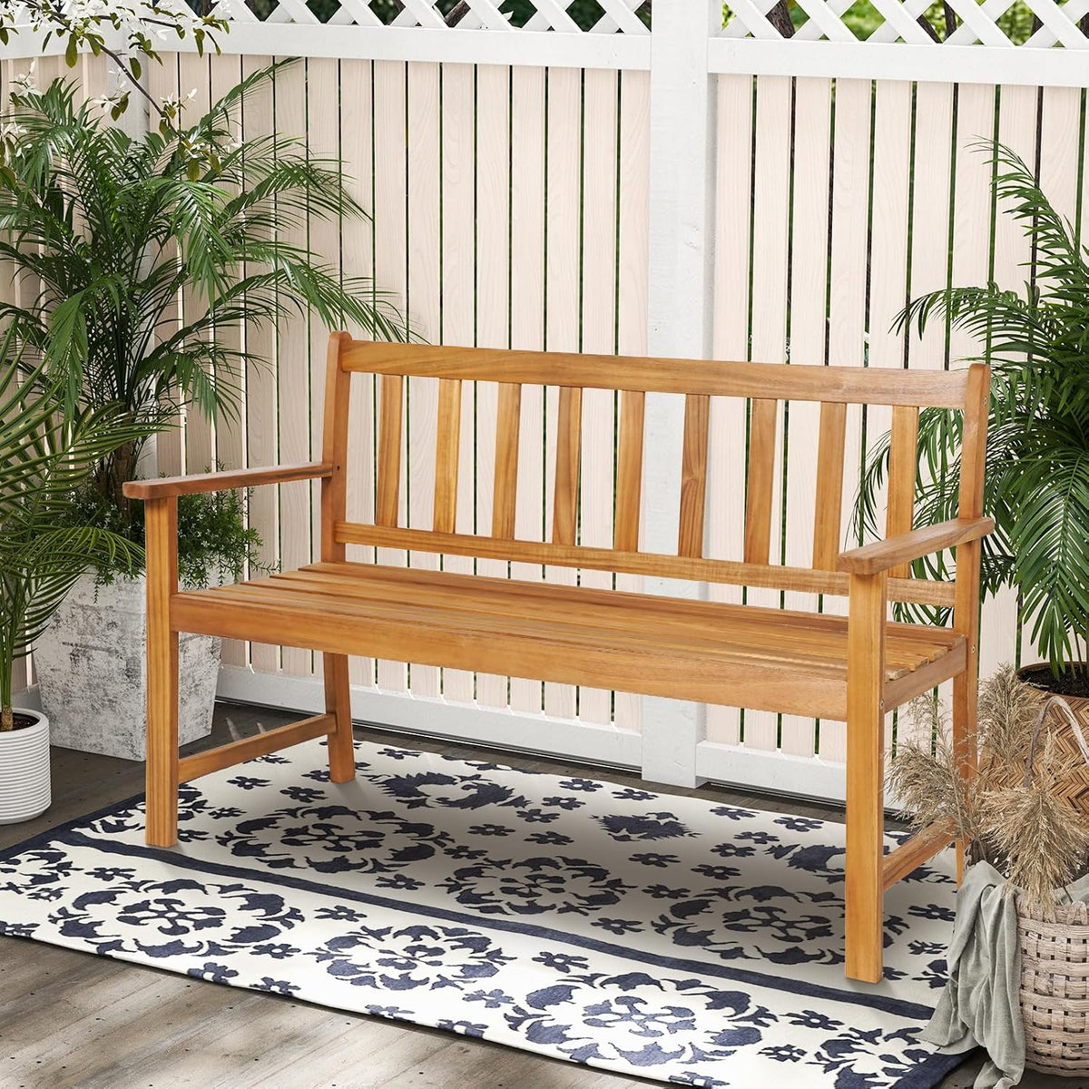 HAPPYGRILL Patio Wood Bench with Ergonomic Backrest & Armrests, 2-Person Outdoor Bench, All-Weather Acacia Wood Frame, Loveseat Outside Bench for Garden Balcony Poolside Porch Deck