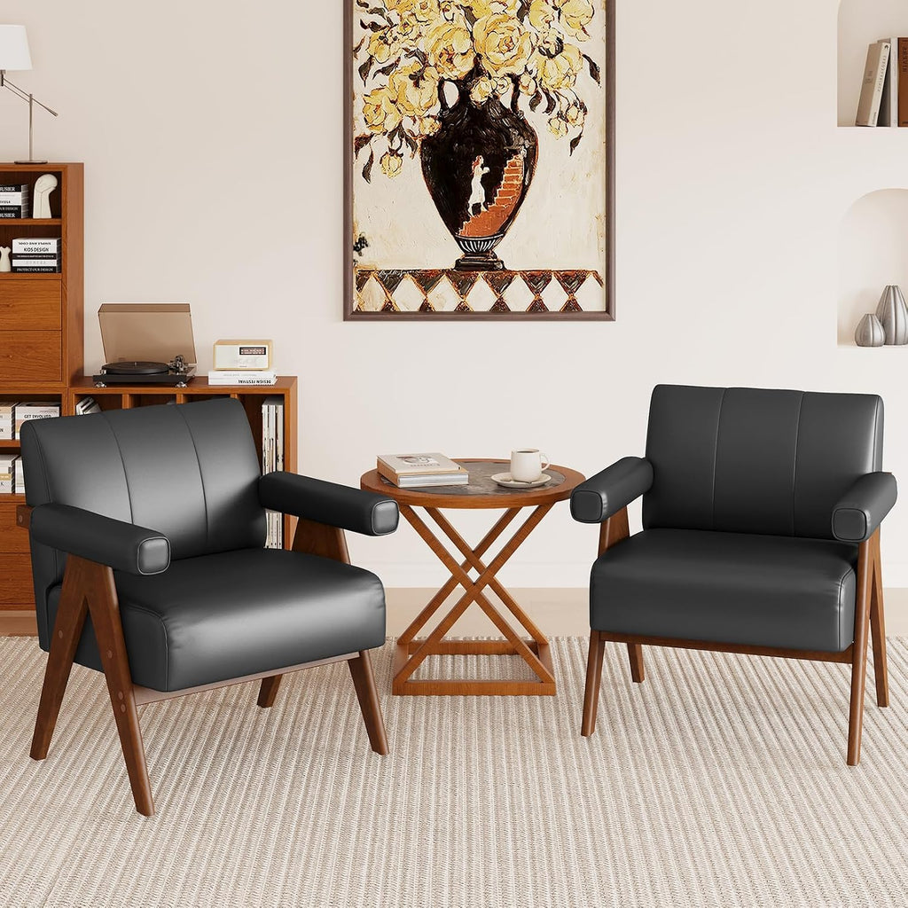 JIASTING Mid Century Modern Accent Chair Set of 2, Black Leather Armchair
