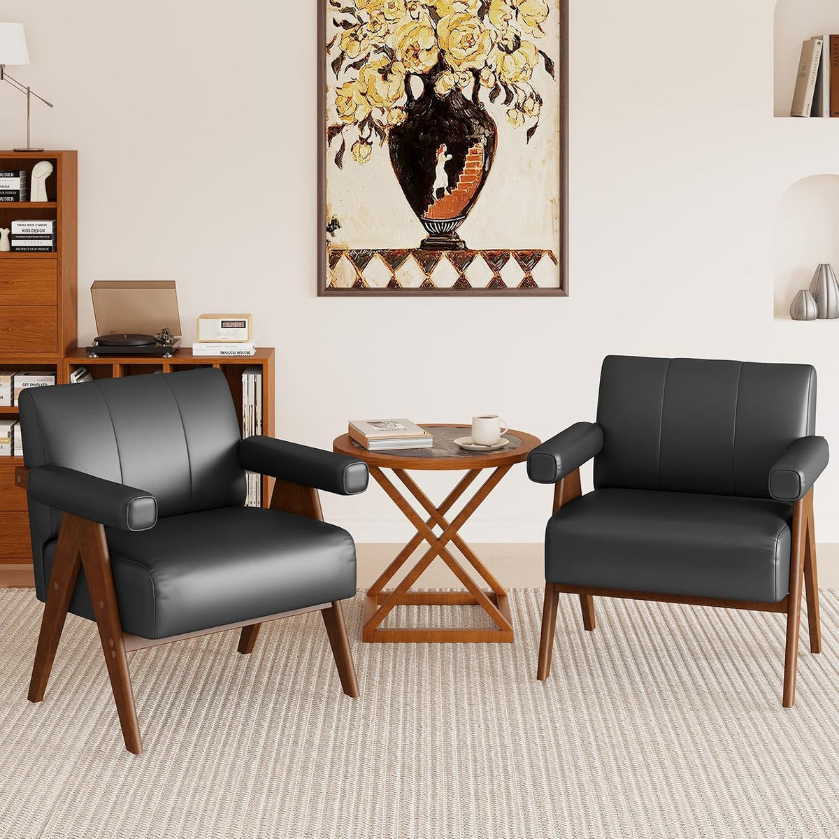 JIASTING Mid Century Modern Accent Chair Set of 2, Black Leather Armchair