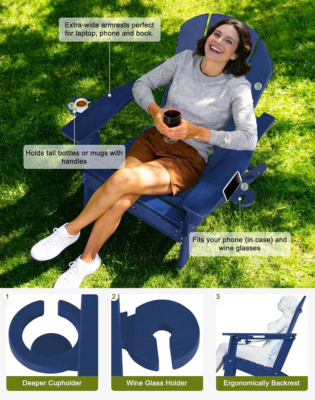 Adirondack Chair HDPE Cup Holders Heavy Duty Patio Woodgrain Navy