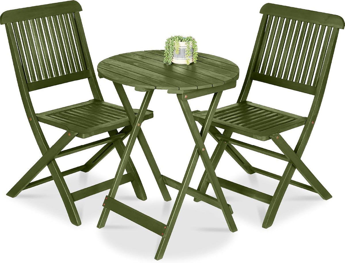 Best Choice Products 3-Piece Acacia Wood Bistro Set, Folding Patio Furniture for Backyard, Balcony, Deck w/ 2 Chairs, Round Coffee Table, Teak Finish - Olive