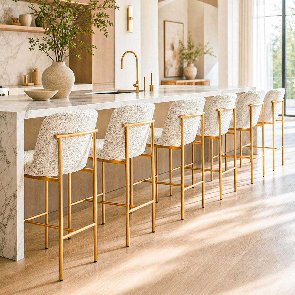 COLAMY Counter Height Bar Stools Set of 6, Modern Tweed Upholstered Kitchen Island Chairs with 3" Thick Cushion and Matte Gold Frame, Luxury 25 Inch Barstools with Back for Home Bar Dining Room, Beige