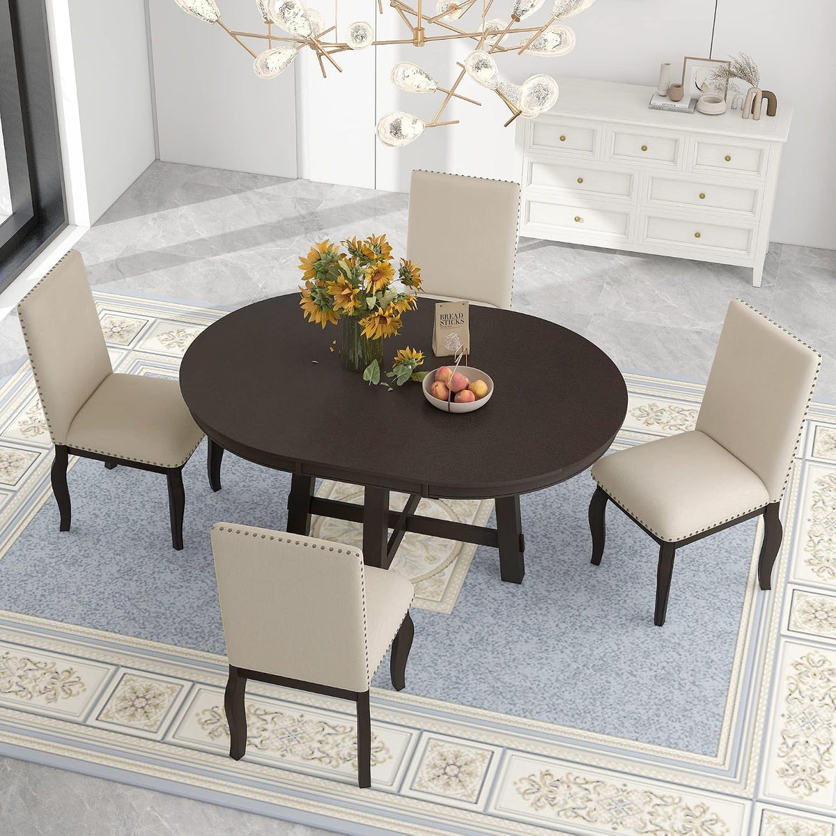 Merax Farmhouse Dining Table Set - Wood Round Extendable Dining Table and 4 Upholstered Dining Chairs (Espresso)
