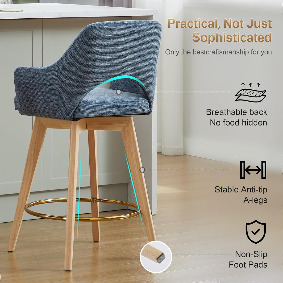 Zesthouse Swivel Counter Stools Set of 4, Wooden Counter Height Bar Stools