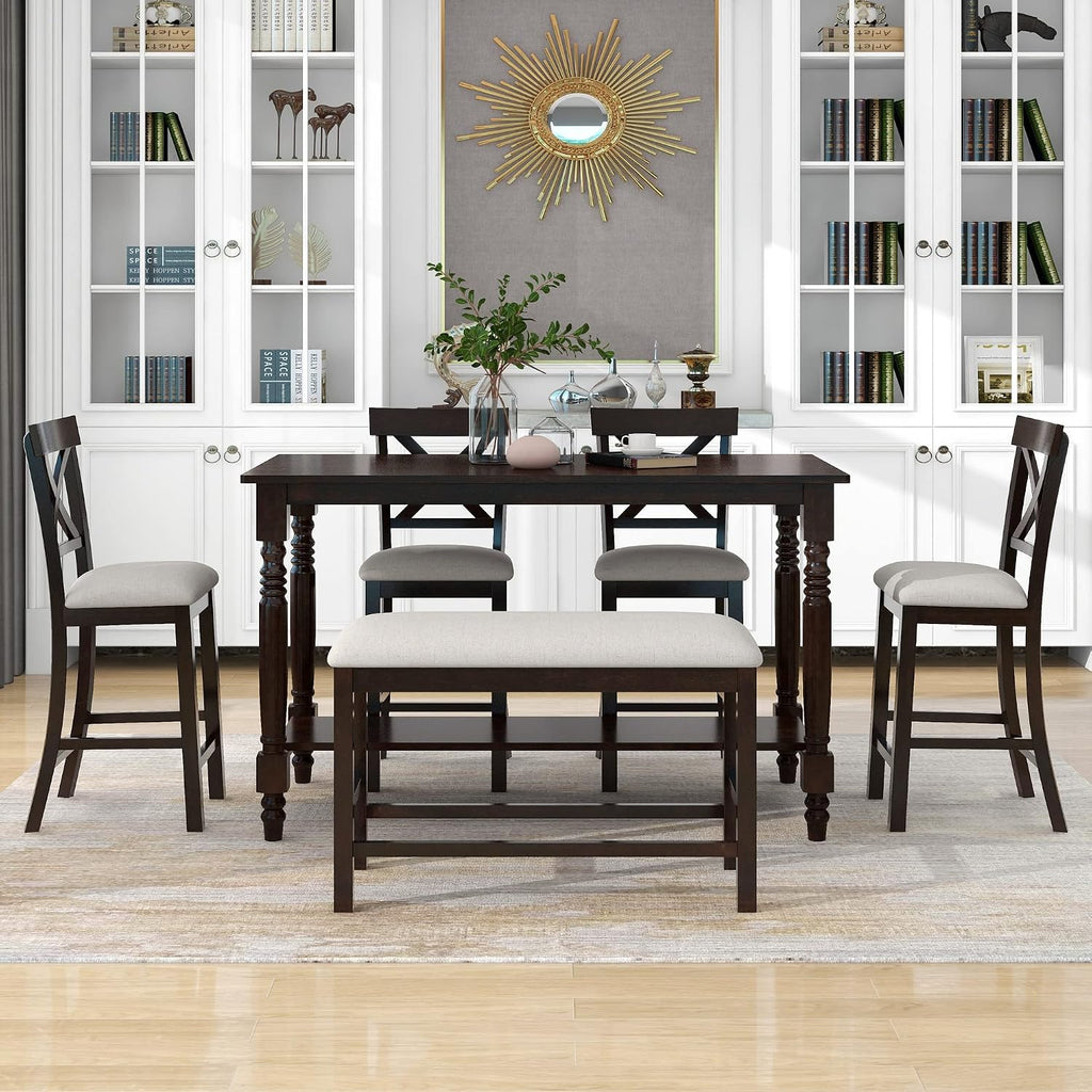 Merax 6-Piece Counter Height Dining Table Set, Solid Wood Kitchen Dining Room Table Set with Chairs and Bench, 60 in Triangular Design Bar Table with Storage Shelf, Espresso
