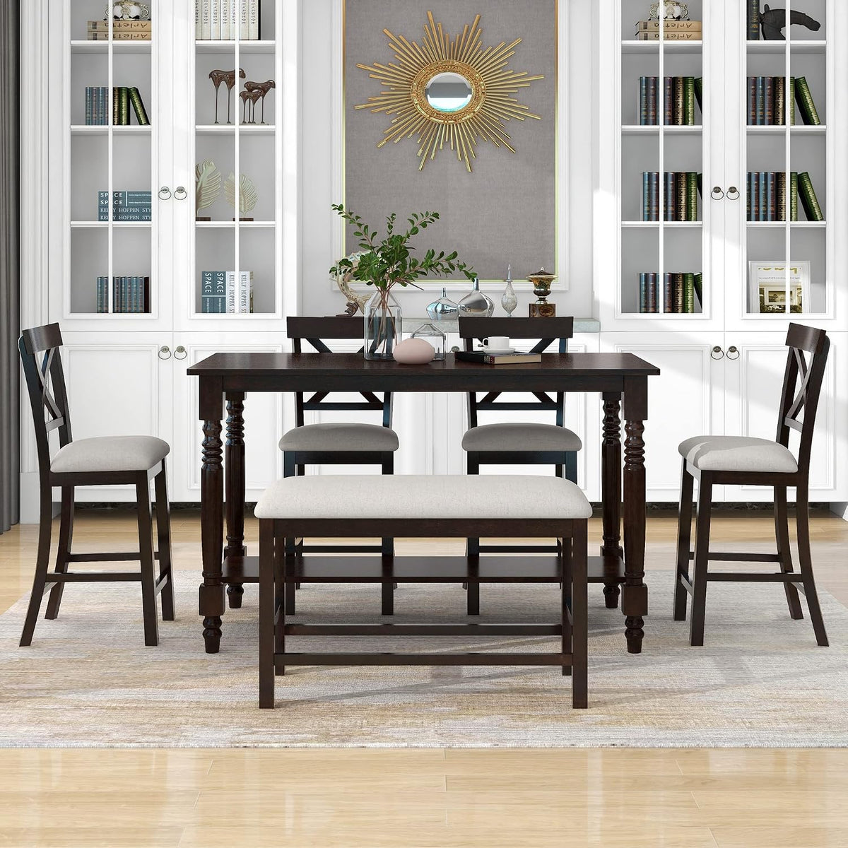 Merax 6-Piece Counter Height Dining Table Set, Solid Wood Kitchen Dining Room Table Set with Chairs and Bench, 60 in Triangular Design Bar Table with Storage Shelf, Espresso
