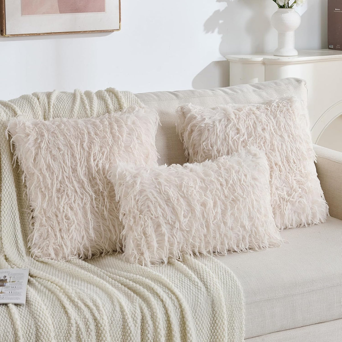 FUTEI Pack of 2 Fluffy Faux Fur Throw Pillow Covers 18x18 Inch, Cream White
