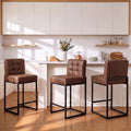 GrandNoor Modern Counter Height Bar Stools Set of 3,25'' Coffee Faux Leather Barstools with Back Sturdy Metal Legs, Checkered Wiring Thick Upholstered Counter Stools for Kitchen Island