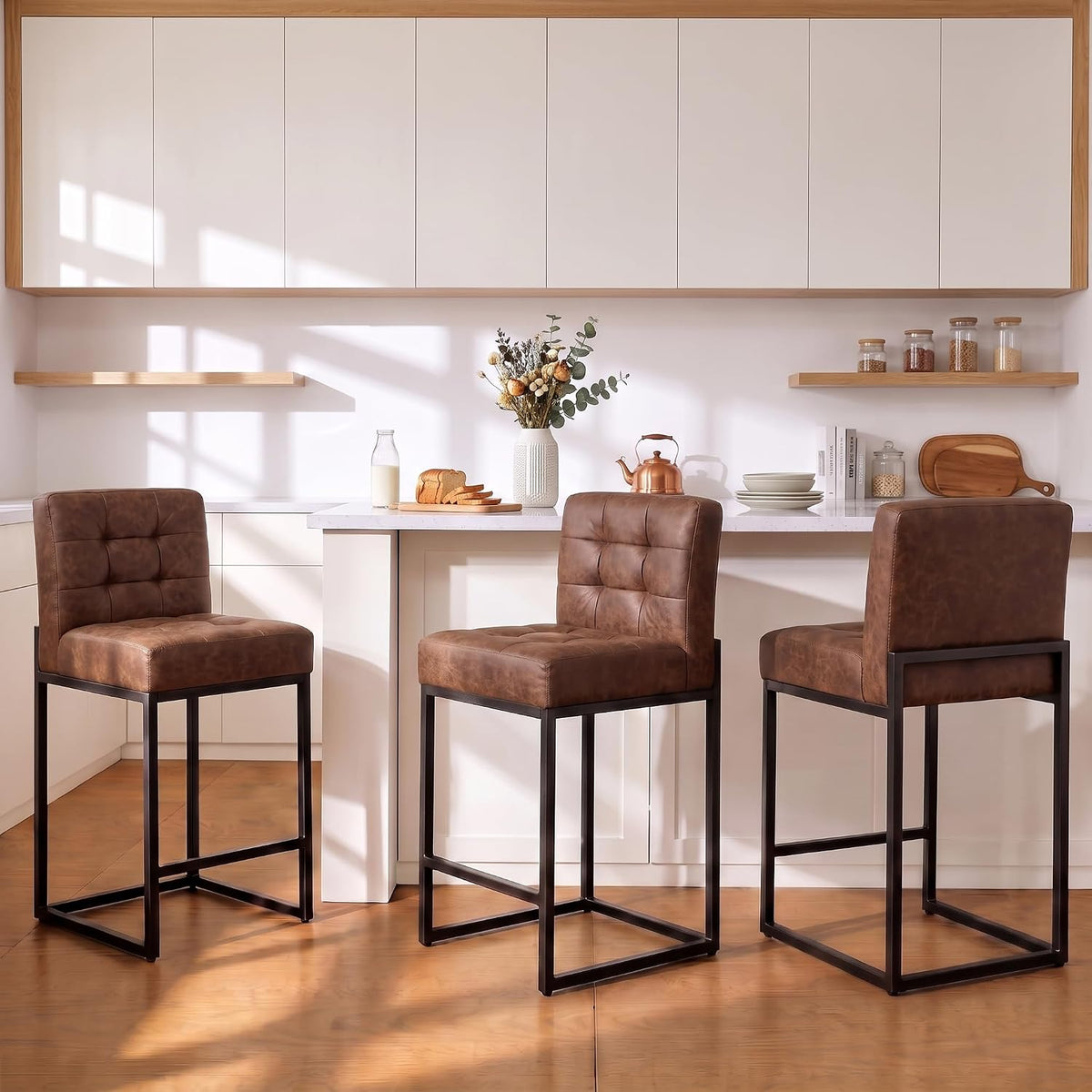 GrandNoor Modern Counter Height Bar Stools Set of 3,25'' Coffee Faux Leather Barstools with Back Sturdy Metal Legs, Checkered Wiring Thick Upholstered Counter Stools for Kitchen Island