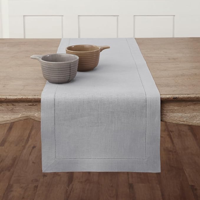 Solino Home Linen Soft Grey Table Runner 60 Inches - Classic Hemstitch, 100% Pure Linen Coffee Table Runner 14 x 60 Inch Ideal for Dresser Tables - Fall, Autumn, Halloween, Thanksgiving, Christmas